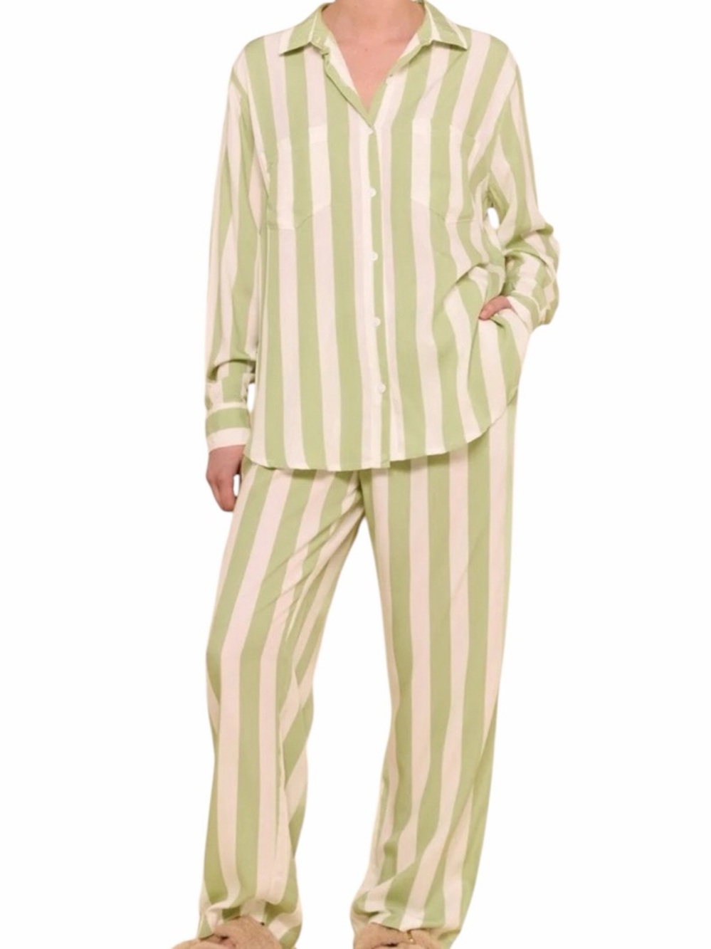 Piyama Marlon Striped Margarita Green/Cream Long Pajama Set S